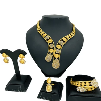 Dubaj Veľkoobchod Šperky sady Luxusnej zlatej farby pre ženy, Náhrdelníky náušnice, prsteň náramok Indickej Afriky svadobné Šperky set