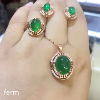 KJJEAXCMY nádherné šperky 925 čistého striebra vykladané prírodné zelené chalcedony dámske šperky nastavovacích krúžkov Prívesok, Náušnice 4 sady
