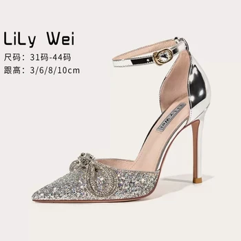 Na jar a v lete nové pointy flitrami diamond luk veľké nevesta svadobné topánky kožené stiletto spoločenské šaty malé ženy sandále