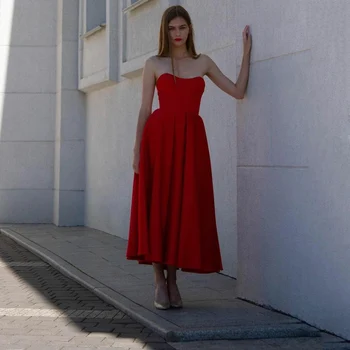 2023 Červená Elegantné Krátke Skladaný bez Ramienok Satin Večerné Šaty s Vreckami Čaj Dĺžka Rúcha De Mariée Party Šaty Pre Ženy